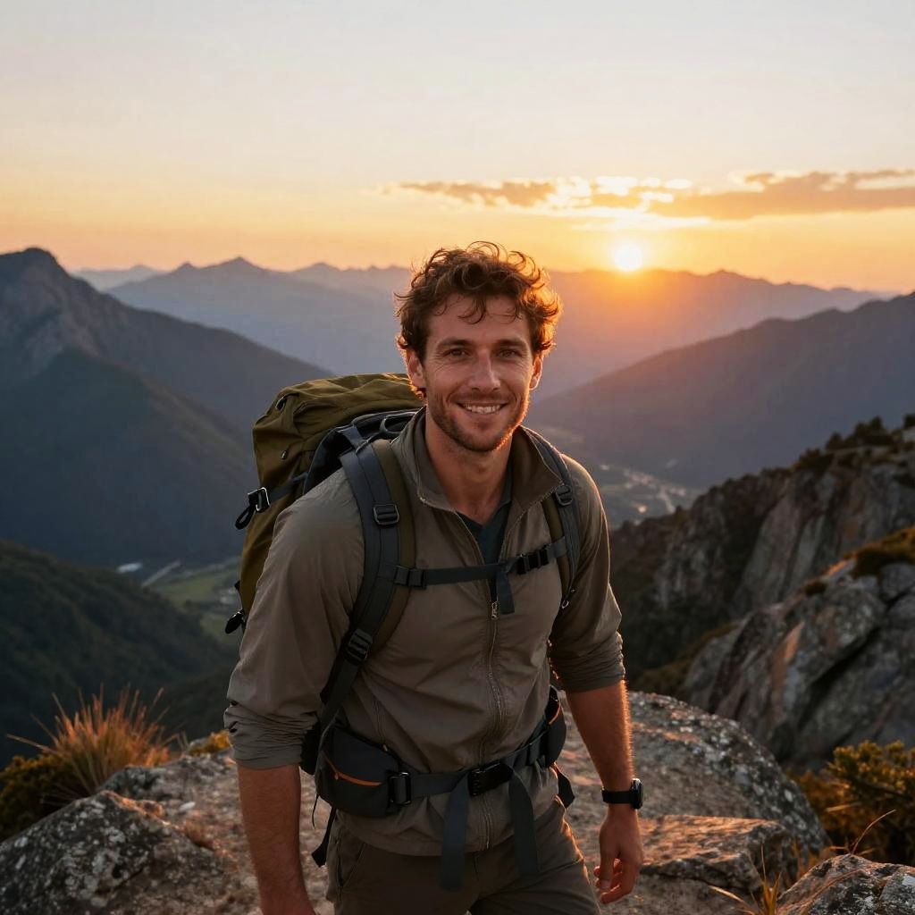 Man Hiking on Rocky Mountain Trail at Sunset