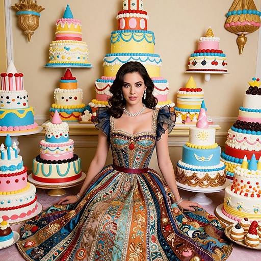 Elegant Woman in Ornate Dress Surrounded by Vibrant Tiered Cakes