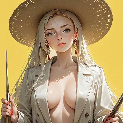 Stylish Blonde Woman in Trench Coat and Straw Hat Digital Illustration