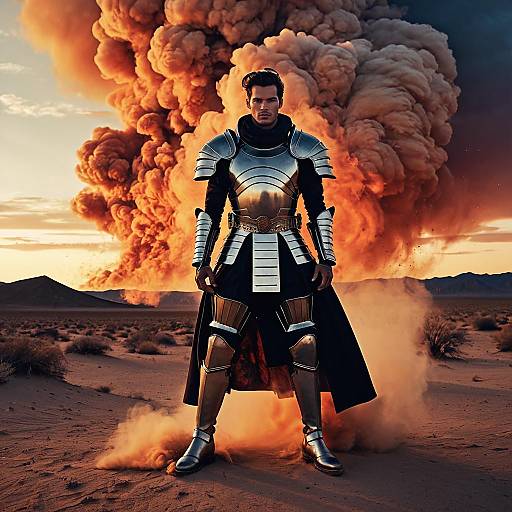 Man in Futuristic Medieval Armor with Dramatic Smoke in Desert
