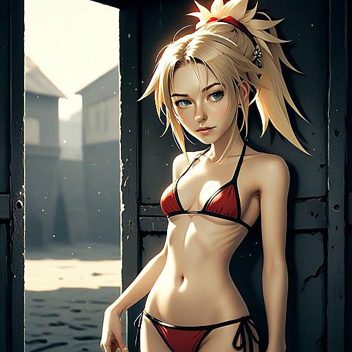 Anime Style Blonde Woman in Red Bikini Swimsuit by Doorframe