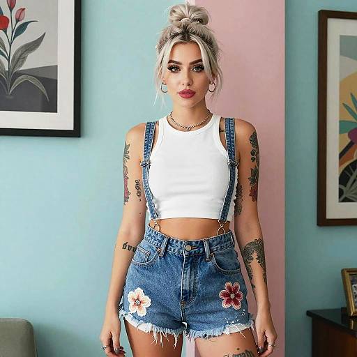 Stylish Gen Z Woman in Floral Embroidered Denim Shorts and White Crop Top