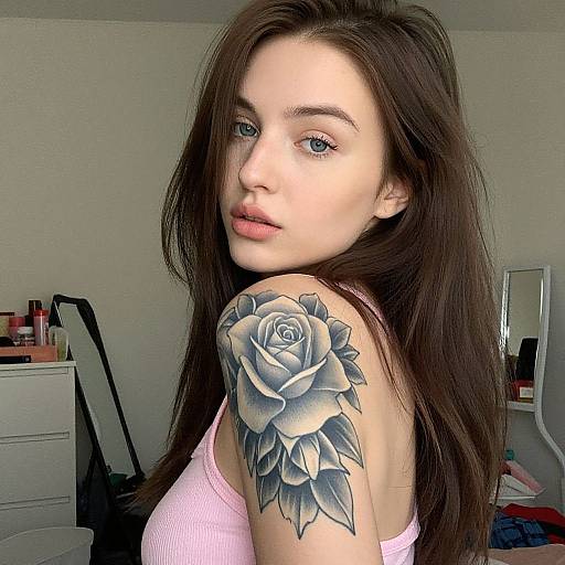 Young Woman with Detailed Rose Tattoo on Shoulder in Pink Tank Top