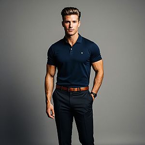 Confident Man in Navy Polo and Black Pants