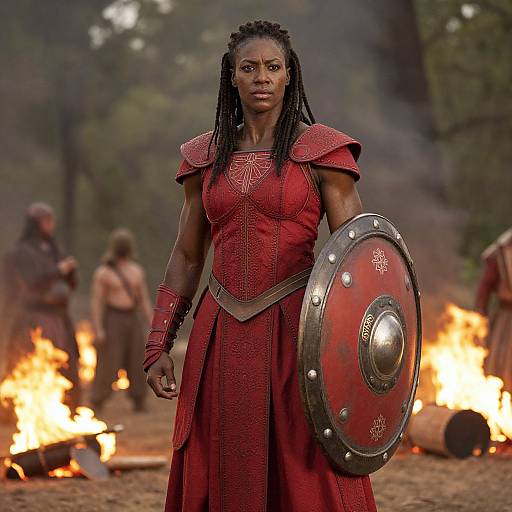 Female Warrior in Red Armor Holding Shield in Forest Battle Scene
