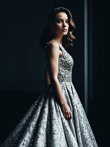 Elegant Woman in Silver Gown Cinematic Fashion Portrait