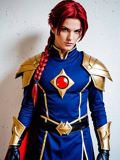 Fantasy Hero Woman in Royal Blue and Gold Armor with Red Hair Braid