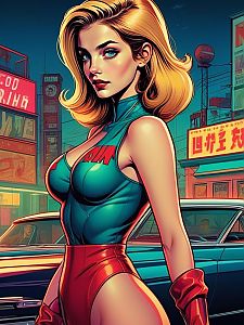 Confident Blonde Woman in Futuristic Outfit with Vintage Car