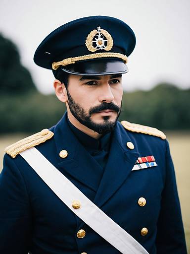 Admiral in Navy Blue Military Uniform with Gold Accents
