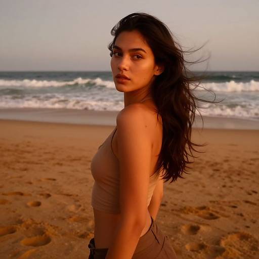 Young Woman on Sandy Beach at Golden Hour with Waves