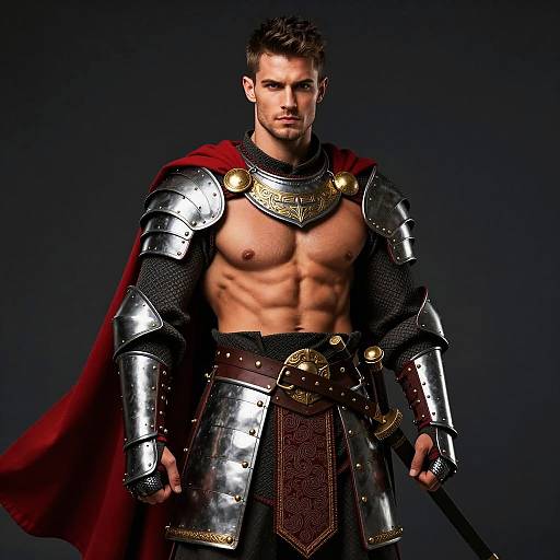 Fantasy Warrior Man in Metal Armor with Red Cape