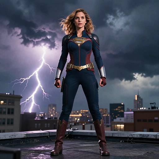 Woman in Modern Superhero Costume on Rooftop with Lightning