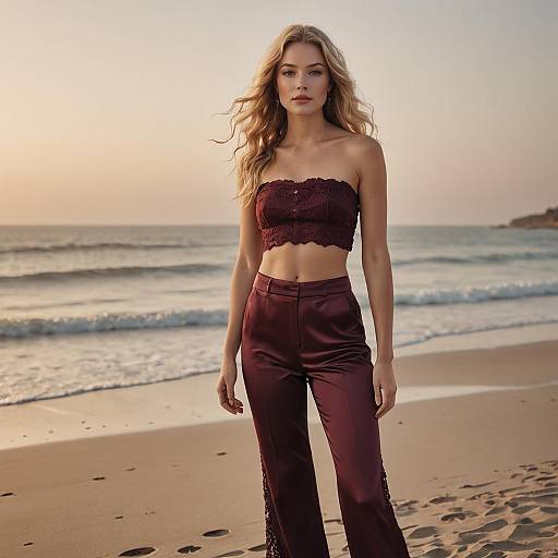 Stylish Woman in Burgundy Lace Crop Top and Satin Pants on Beach at Sunset