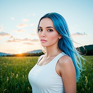 Young Woman with Blue Hair in Sunset Field