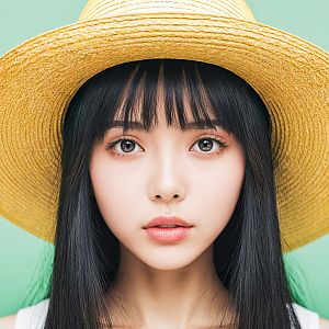 Young Woman in Straw Hat Against Pastel Green Background