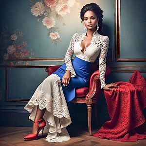 Elegant Woman in Lace and Blue Skirt on Vintage Chair