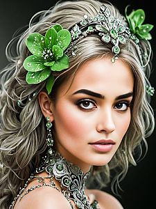 Portrait of Woman with Silver Jewelry and Green Gemstones