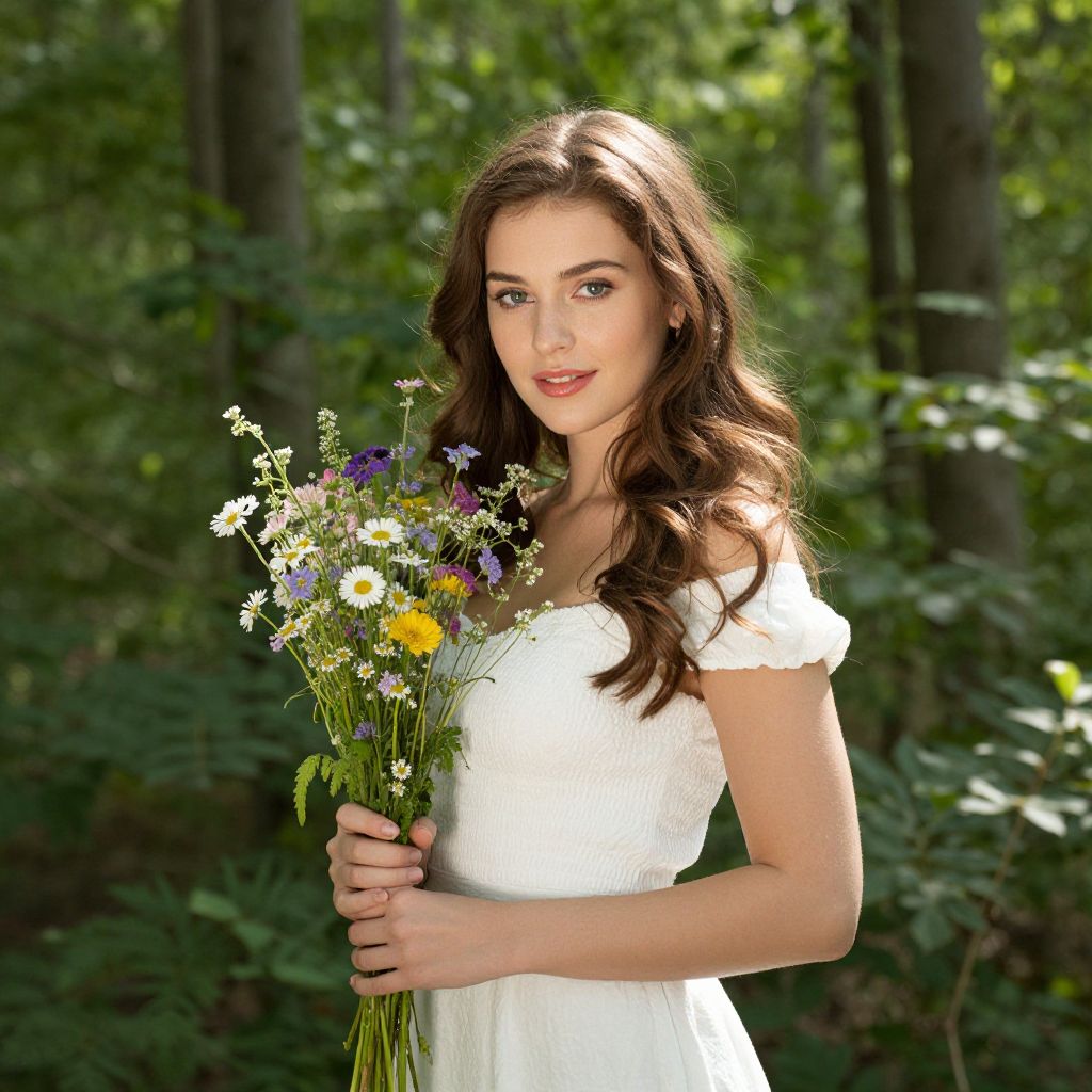 Young Woman in White Dress Holding Wildflowers in Forest
