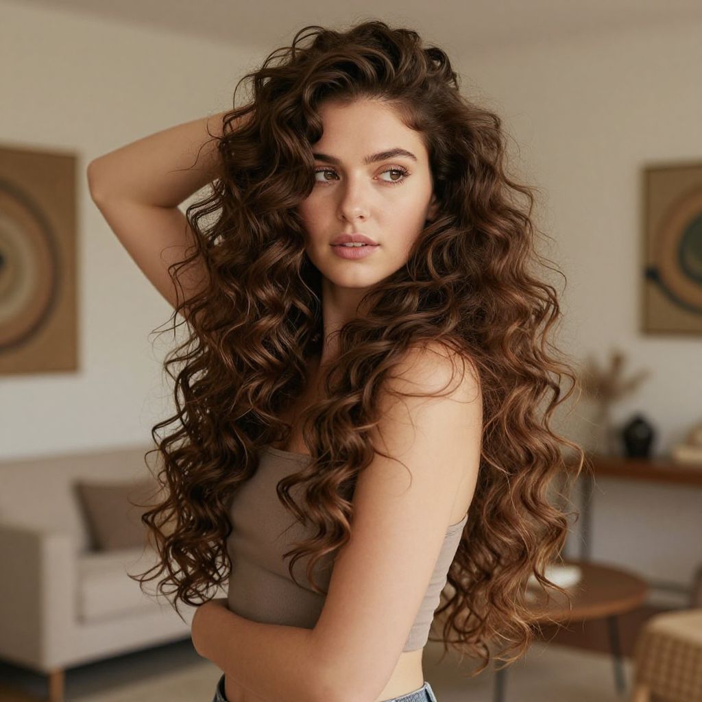 Portrait of Young Woman with Long Curly Hair Indoors