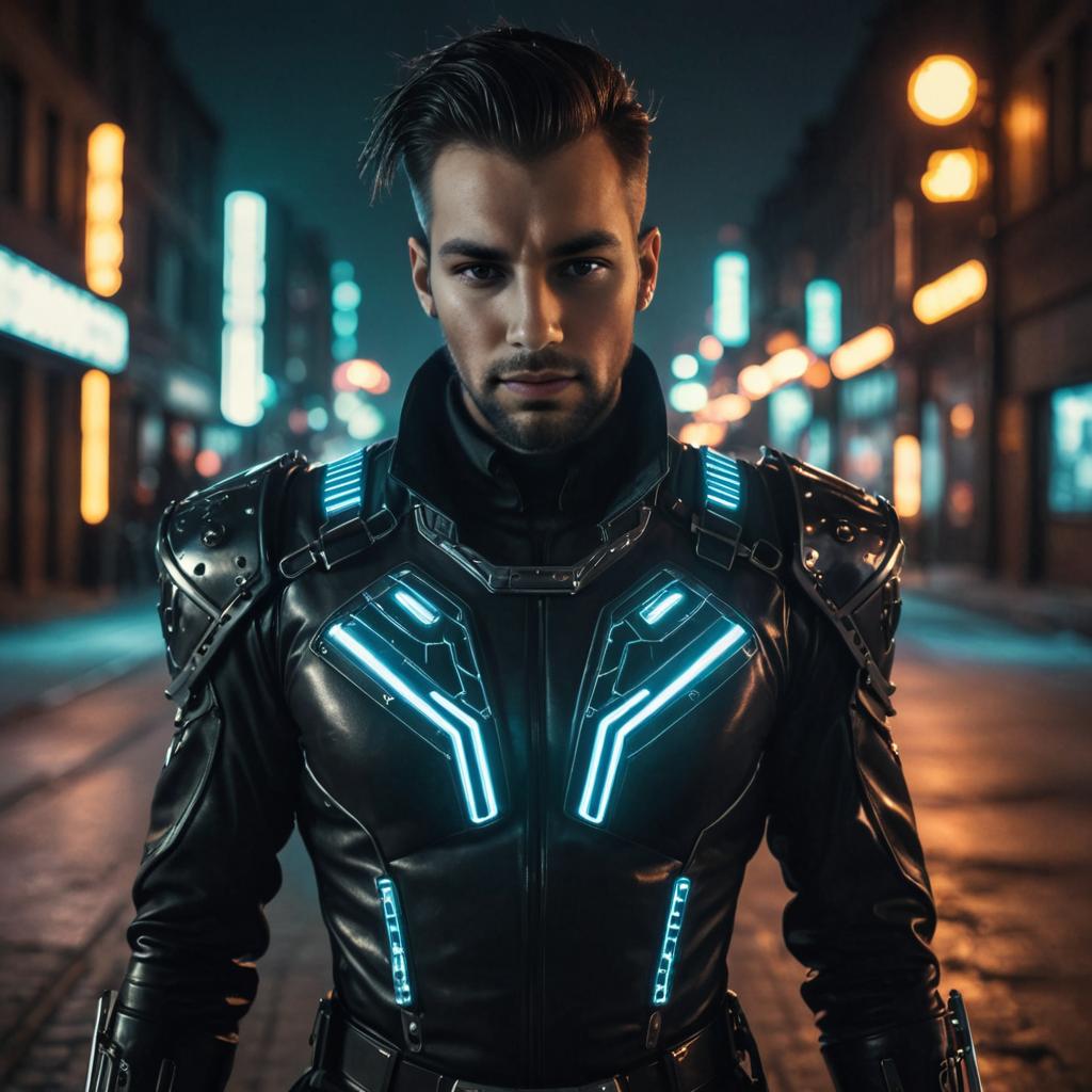 Futuristic armored man in neon-lit urban setting