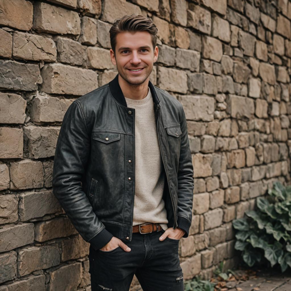 Stylish man in leather jacket against stone wall