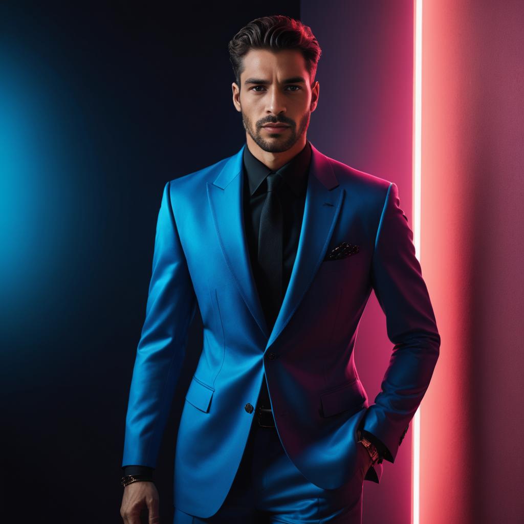 Man in Vibrant Blue Tuxedo with Neon Lights