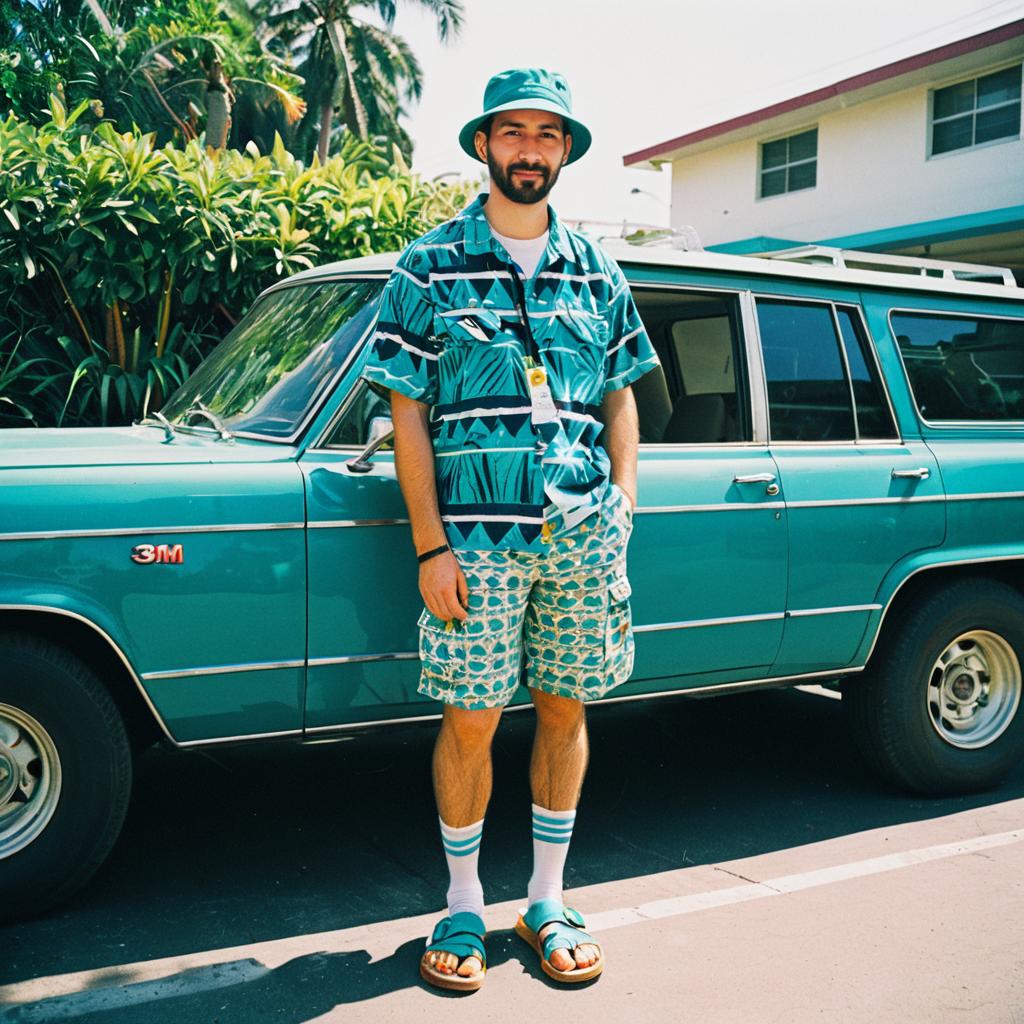 Man Wearing Tropical Outfit Standing by Vintage Teal Station Wagon