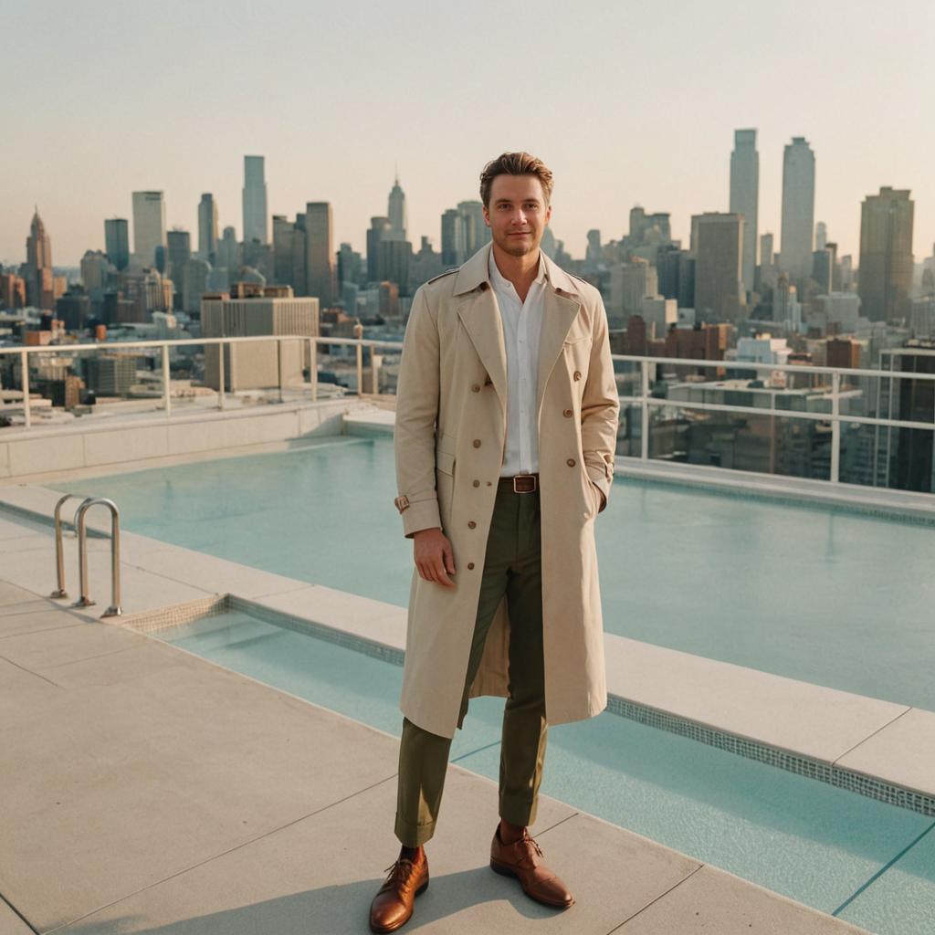 Confident Man in Trench Coat on Rooftop with City Skyline