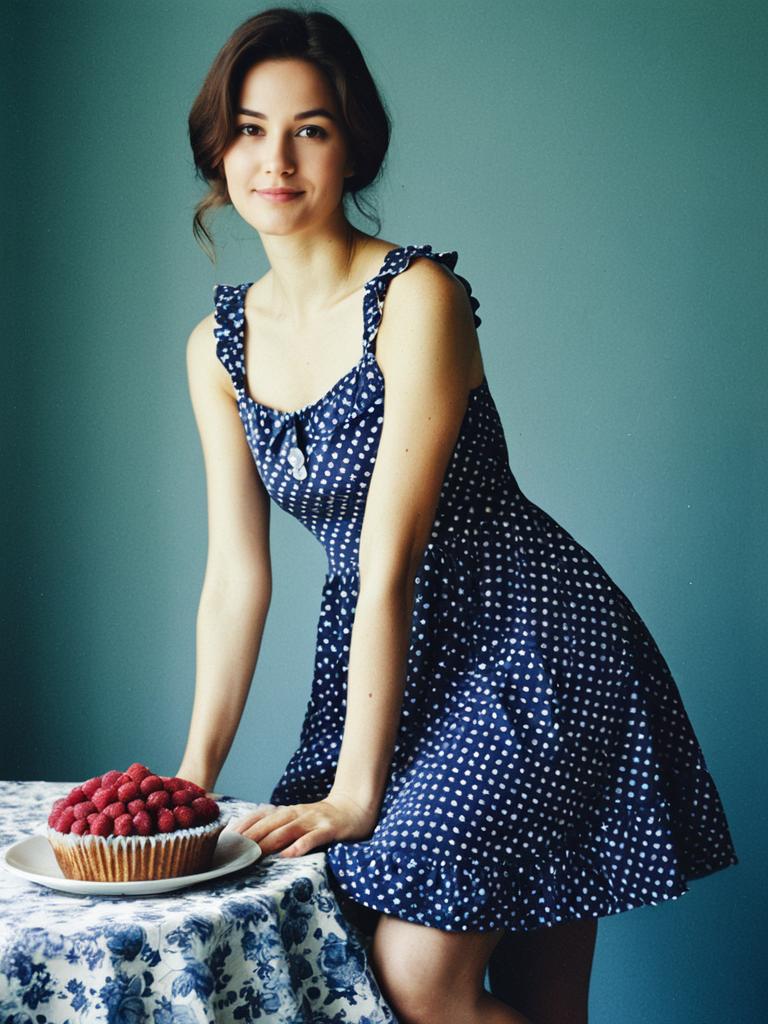 Young Woman in Polka Dot Dress with Raspberry Tart