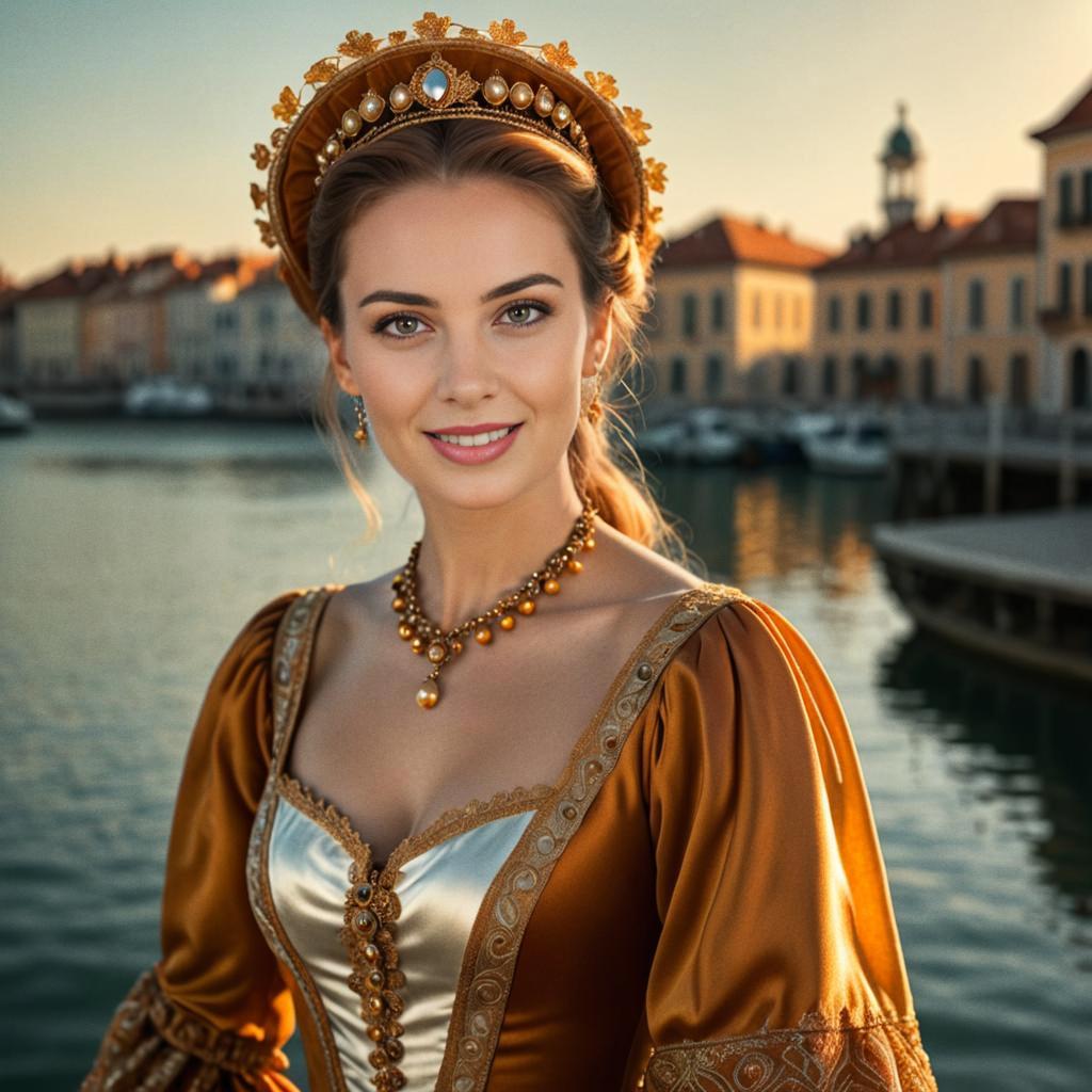 Elegant Woman in Golden Gown by Waterfront