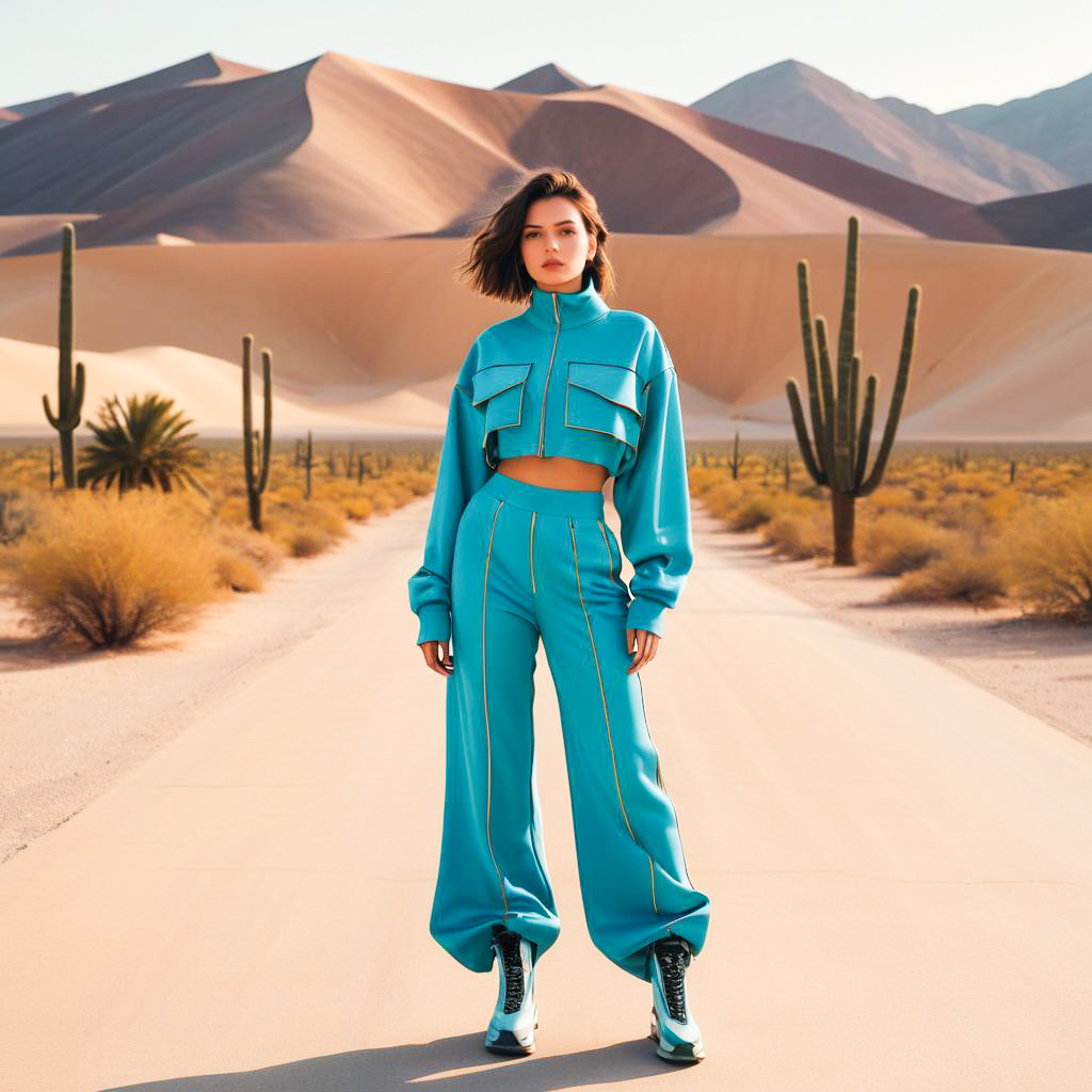 Stylish Woman in Blue Athletic Outfit in Desert