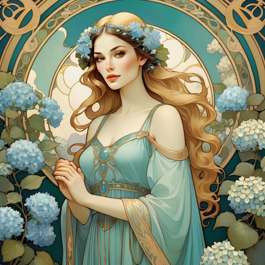 Elegant Woman in Art Nouveau Style with Floral Crown and Hydrangeas