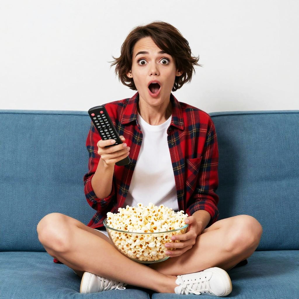 Surprised Young Woman Watching TV with Popcorn on Couch