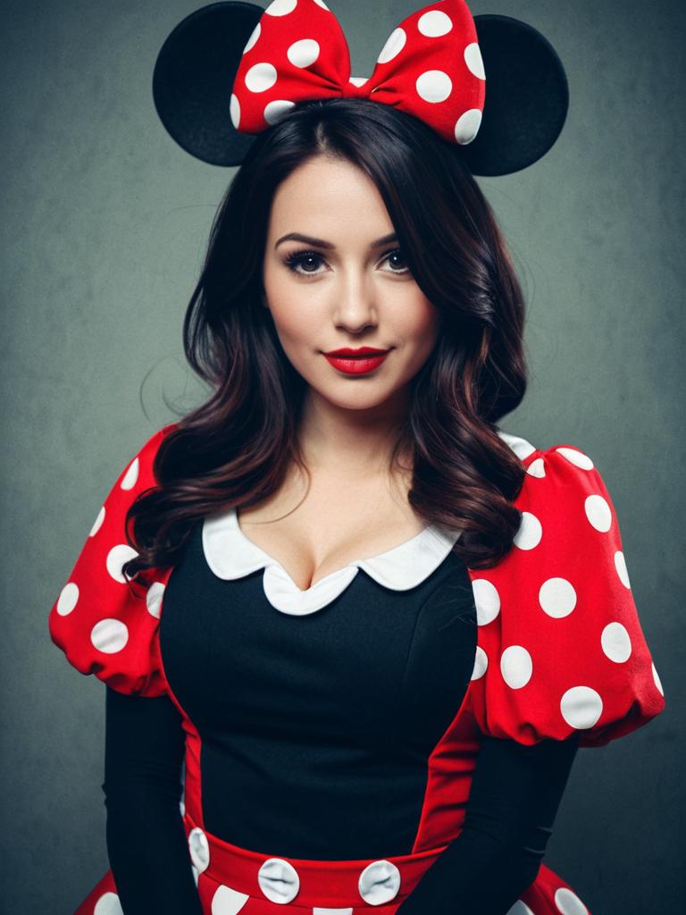Woman in Classic Minnie Mouse Costume with Polka Dot Dress and Ears