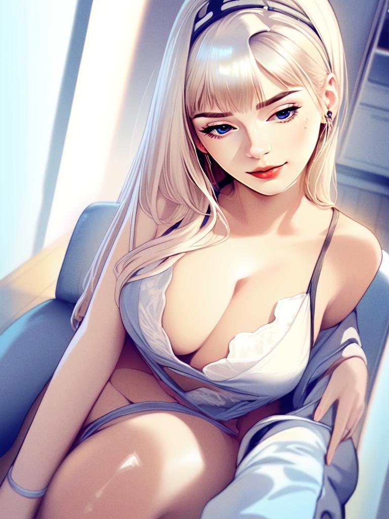 Anime Style Digital Illustration of Blonde Woman in White Lingerie Sitting Indoors
