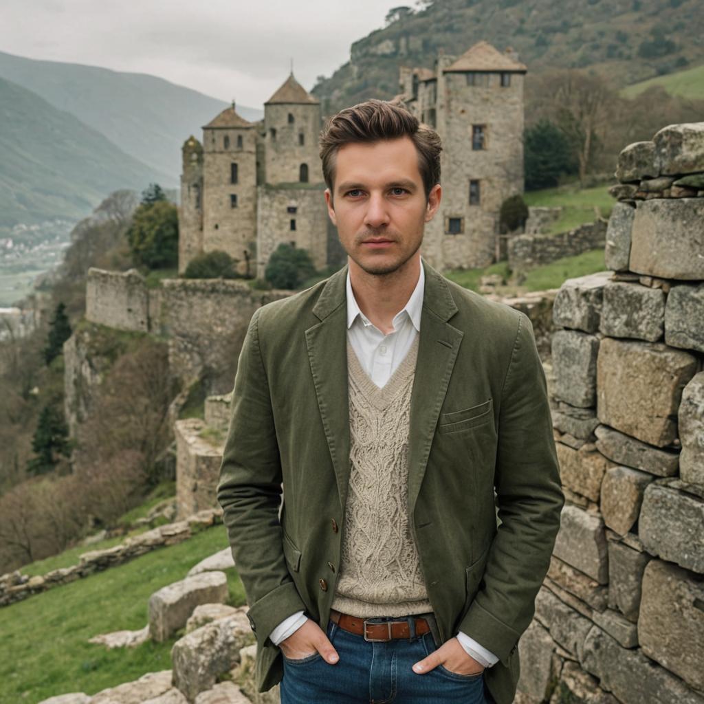 Confident Man in Front of Castle