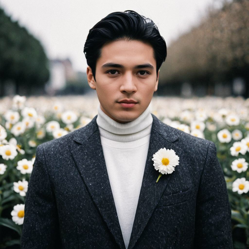 Stylish Young Man in Grey Suit with Daisies