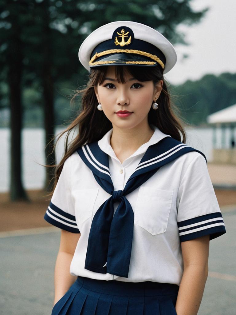 Young Woman in Realistic Sailor Outfit with Captain Hat