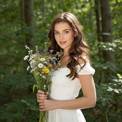 Young Woman in White Dress Holding Wildflowers in Forest