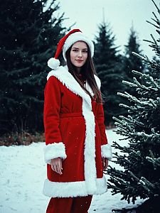 Woman in Santa Suit Costume Photorealistic Outdoor Winter Portrait