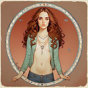 Young Woman with Red Hair in Green Jacket and Butterflies