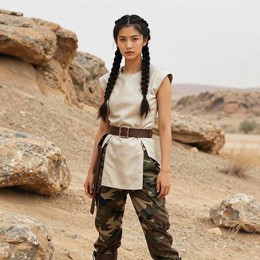 Young Woman in Military Style Outfit Standing in Desert Landscape