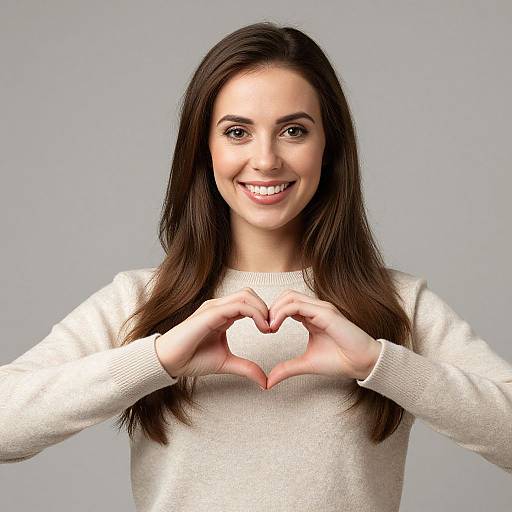 Smiling Woman Making Heart Shape with Hands in Beige Sweater