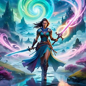 Powerful Woman Warrior in Mystical Landscape