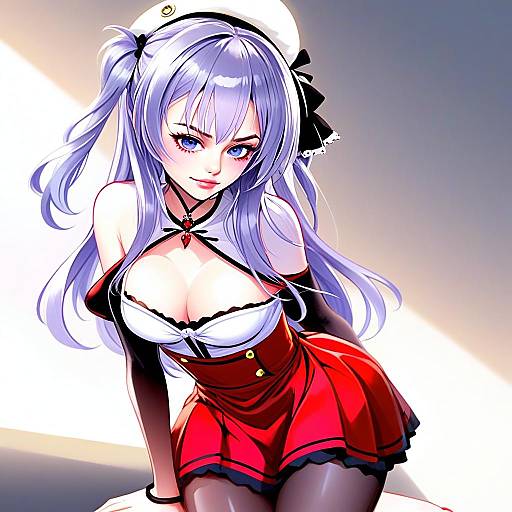 Anime Girl with Lavender Hair in Sailor Outfit Red Skirt Illustration