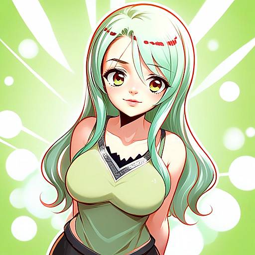 Anime Woman with Mint Green Hair in Light Green Top Illustration