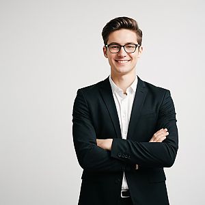 Confident Young Man in Business Suit Wearing Glasses