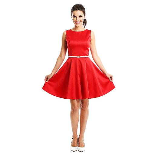 Woman in Red Fit and Flare Dress with White Belt and Heels