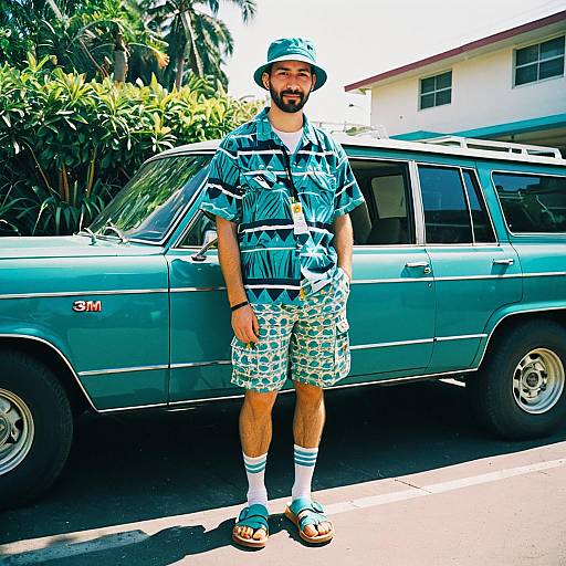 Man Wearing Tropical Outfit Standing by Vintage Teal Station Wagon