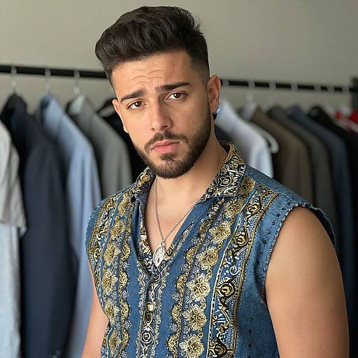 Young Man in Ornate Sleeveless Blue Shirt with Gold Pattern - Fashion Portrait